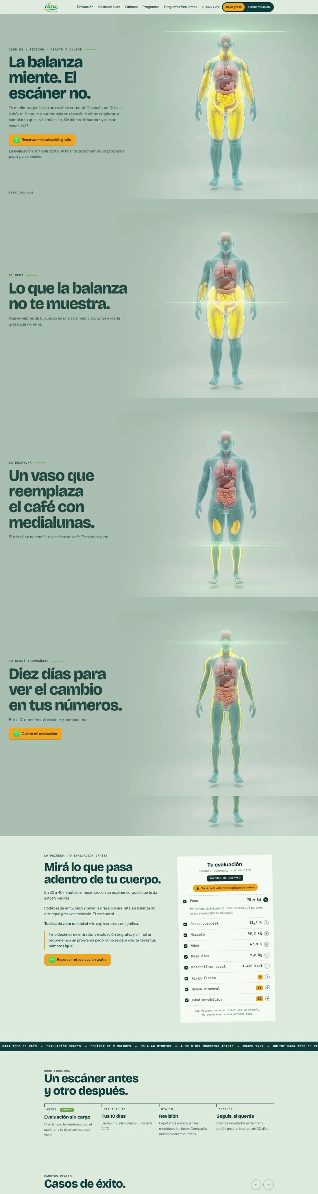 Página de Aira Nutri Club: un escáner muestra en amarillo la grasa del cuerpo, que va bajando mientras se recorre la página, y después un ticket con nueve valores.