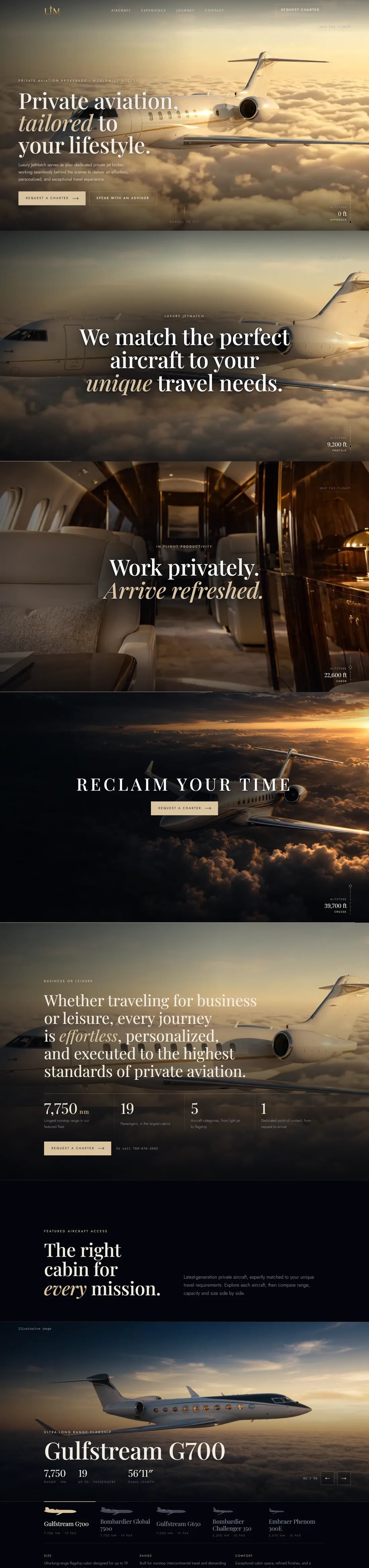 Página de Luxury JetMatch: un jet privado sube entre nubes doradas mientras se baja, y después aparecen la cabina, la flota y el Gulfstream G700.